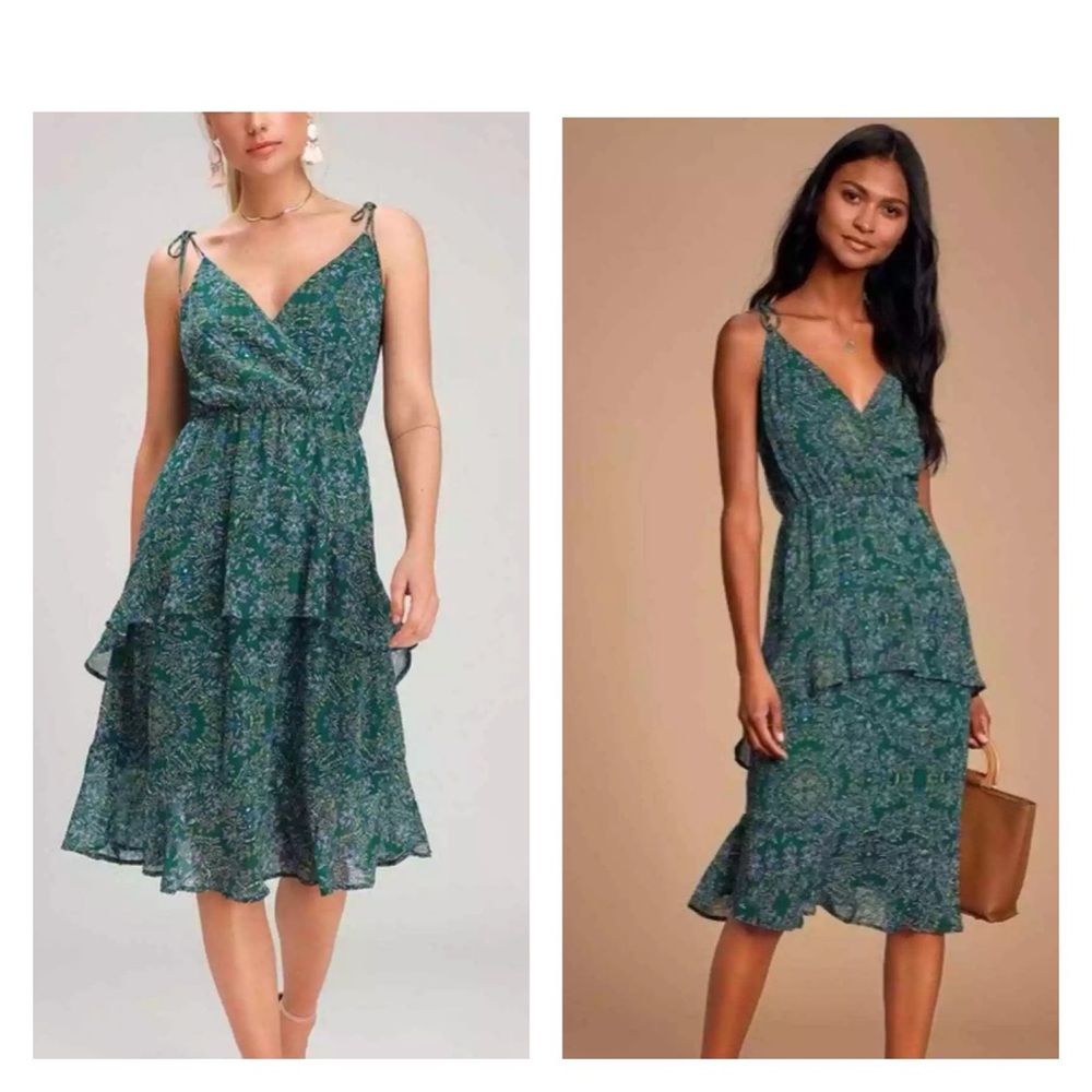 LULUS NWT Sleeveless Green Floral Tiered Ruffle Midi Dress, Size Medium - Picture 2 of 8